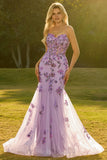 Vestido largo de graduación largo de corsé de sirena púrpura transparente con cuentas y lentejuelas, con encaje en la espalda
