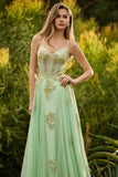 Corsé verde con cuentas y cordones con bolas, vestido largo de graduación con lentejuelas