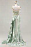 Corsé de sirena verde, vestido largo de satén de satén y caída lateral