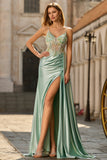 Corsé de sirena verde, vestido largo de satén de satén y caída lateral