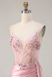 Corsé de sirena rosa, corsé de cuentas con apontados, vestido largo de satén y abertura
