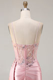 Corsé de sirena rosa, corsé de cuentas con apontados, vestido largo de satén y abertura