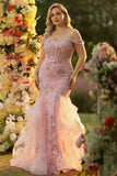 Vestido largo de graduación de talla grande con corsé sirena con cuentas y colorete, con hombros descubiertos y volantes