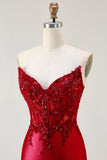 Vestido largo de fiesta con corsé sin tirantes y cuentas de sirena roja con abertura