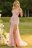 Vestido largo de baile de sirena con lentejuelas amarillas y hombros descubiertos