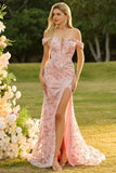 Vestido largo de baile de sirena con lentejuelas amarillas y hombros descubiertos