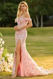 Vestido largo de baile de sirena con lentejuelas amarillas y hombros descubiertos