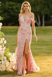 Vestido largo de baile de sirena con lentejuelas amarillas y hombros descubiertos