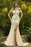 Vestido largo de baile de sirena con lentejuelas amarillas y hombros descubiertos