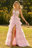 Corsé Rosa A-Line con volantes, vestido largo de baile con abertura