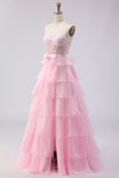 Vestido de graduación largo de corsé rosa sin tirantes con cuentas y abertura