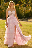 Corsé Rosa A-Line con volantes, vestido largo de baile con abertura