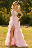 Corsé Rosa A-Line con volantes, vestido largo de baile con abertura