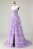 Vestido largo de fiesta con volantes y volantes morados Sweetheart A Line con lentejuelas
