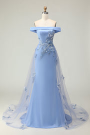 Vestido de Madre de la Novia con Apliques de Sirena Azul Gris y Hombros Descubiertos con Lentejuelas