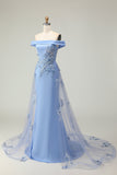 Vestido de Madre de la Novia con Apliques de Sirena Azul Gris y Hombros Descubiertos con Lentejuelas