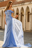 Vestido de sirena gris azul con hombros descubiertos y lentejuelas