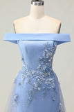 Vestido de Madre de la Novia con Apliques de Sirena Azul Gris y Hombros Descubiertos con Lentejuelas