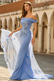 Vestido de sirena gris azul con hombros descubiertos y lentejuelas