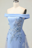 Vestido de Madre de la Novia con Apliques de Sirena Azul Gris y Hombros Descubiertos con Lentejuelas
