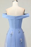 Vestido de Madre de la Novia con Apliques de Sirena Azul Gris y Hombros Descubiertos con Lentejuelas