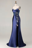 Vestido largo de graduación bordado con corsé de sirena azul marino y abertura