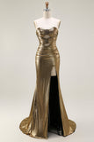 Vestido de Fiesta Largo Metálico Dorado Oscuro Sirena Sin Tirantes con Abertura