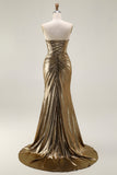 Vestido de Fiesta Largo Metálico Dorado Oscuro Sirena Sin Tirantes con Abertura