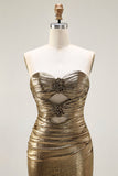 Vestido de Fiesta Largo Metálico Dorado Oscuro Sirena Sin Tirantes con Abertura