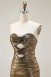 Vestido de Fiesta Largo Metálico Dorado Oscuro Sirena Sin Tirantes con Abertura