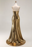 Vestido largo de fiesta de sirena con corsé de cuentas doradas metálicas con abertura