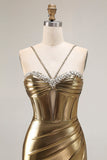 Vestido largo de fiesta de sirena con corsé de cuentas doradas metálicas con abertura