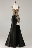 Vestido largo de baile de satén bordado con cuentas de sirena negra y lentejuelas