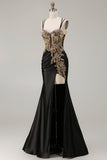 Vestido largo de baile de satén bordado con cuentas de sirena negra y lentejuelas