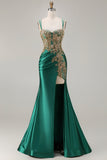 Vestido largo de baile de graduación con encaje de cuentas verde oscuro de sirena verde oscuro y lentejuelas