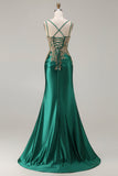 Vestido largo de baile de graduación con encaje de cuentas verde oscuro de sirena verde oscuro y lentejuelas