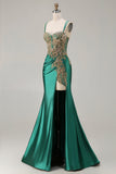 Vestido largo de baile de graduación con encaje de cuentas verde oscuro de sirena verde oscuro y lentejuelas