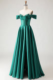 Corsé de Línea Verde Oscuro con Cuentas Caídas, Vestido largo de Baile de Graduación con Abertura