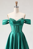 Corsé de Línea Verde Oscuro con Cuentas Caídas, Vestido largo de Baile de Graduación con Abertura