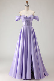 Corsé morado con cuentas caídas, vestido largo de baile de graduación con abertura
