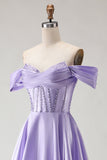 Corsé morado con cuentas caídas, vestido largo de baile de graduación con abertura