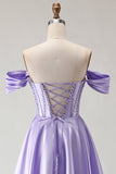 Corsé morado con cuentas caídas, vestido largo de baile de graduación con abertura