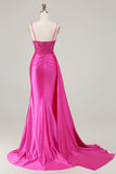 Vestido largo de fiesta fruncido con serpentina de sirena fucsia con abertura