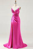Vestido largo de fiesta fruncido con serpentina de sirena fucsia con abertura