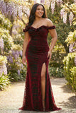 Corsé negro de sirena roja de talla grande con hombros descubierto y vestido largo de graduación con abertura