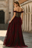 Vestido largo de baile de sirène negro rojo corsé descubierto