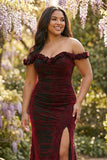 Corsé negro de sirena roja de talla grande con hombros descubierto y vestido largo de graduación con abertura