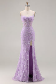 Vestido largo de graduación largo de perlas de cordié sirena púrpura transparente con tirantes finos de encaje y cuentas