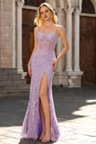 Vestido largo de baile de graduación de sirena azul transparente con cuentas y corte