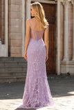 Vestido largo de baile de graduación de sirena azul transparente con cuentas y corte